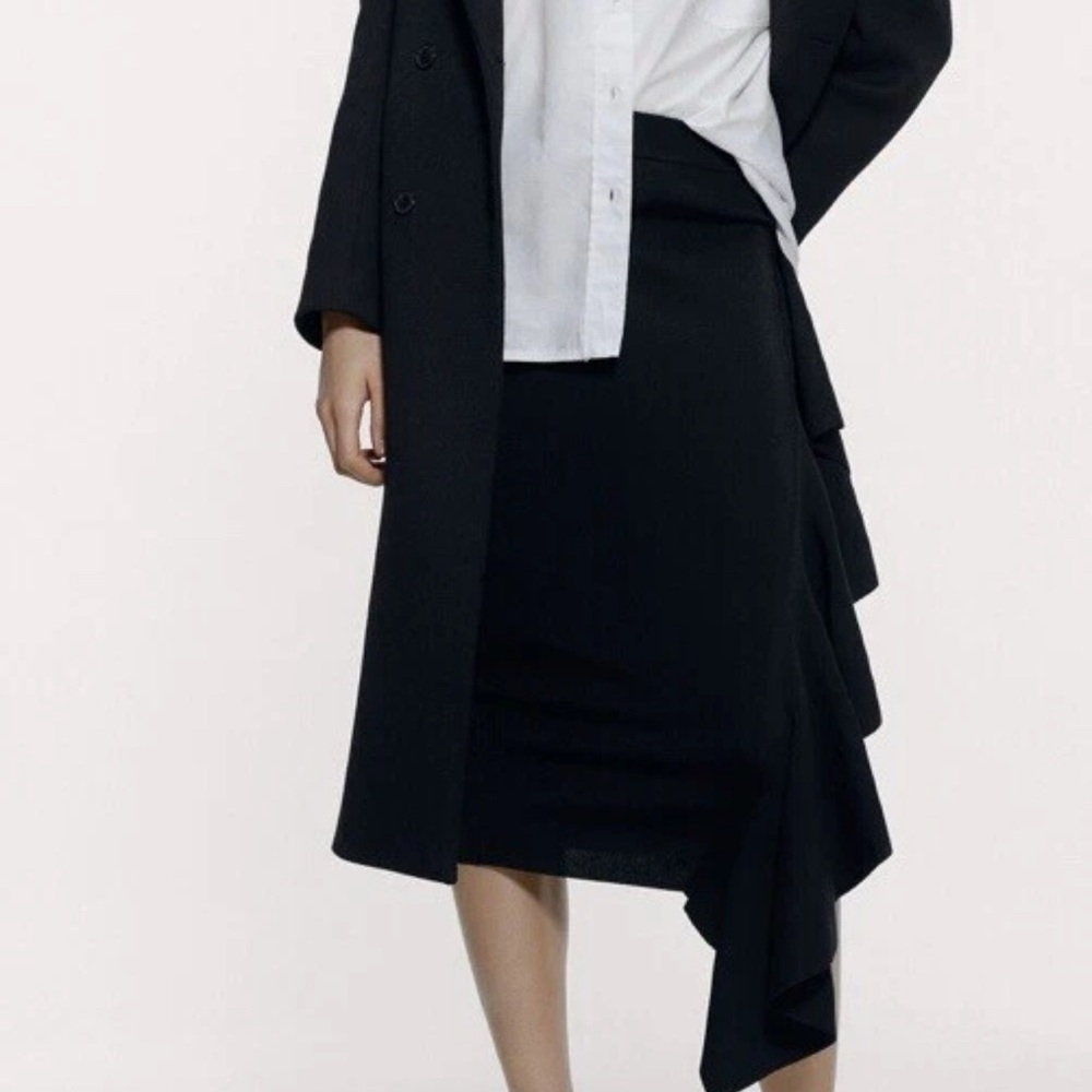 Zara Knit Ruffled Asymmetrical Midi Skirt Black Women’s Size Large
